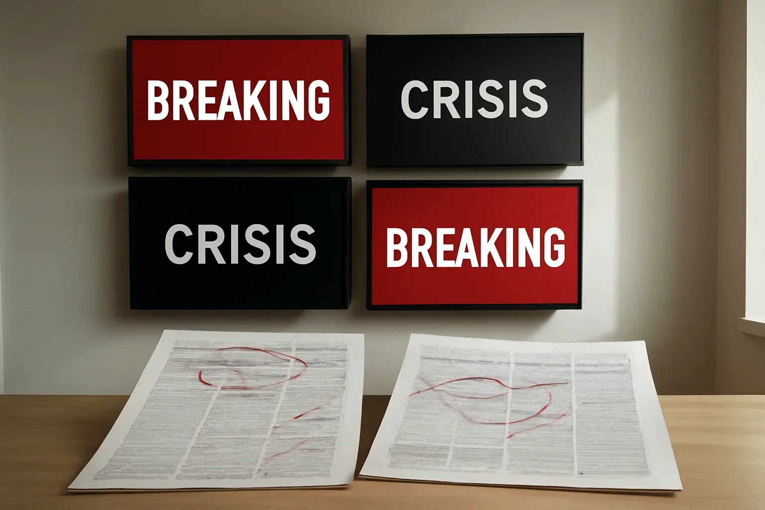 Editorial-style image for Opinions Series with newsroom monitor wall with contrasting headlines and marked-up print pages
