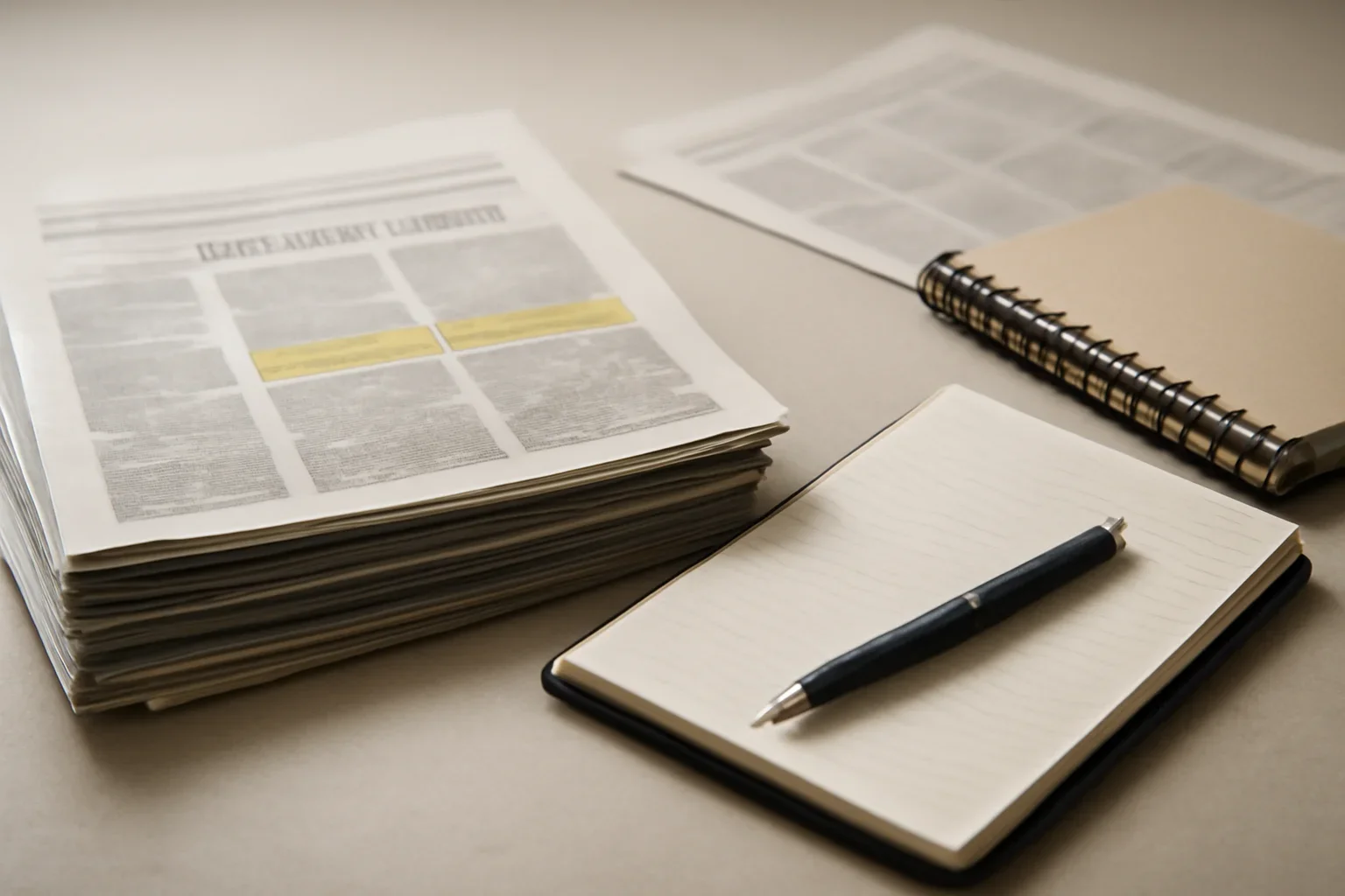 Editorial-style image for Weekly Recap with editorial roundup desk with stacked printouts, notebooks, and highlighted headlines