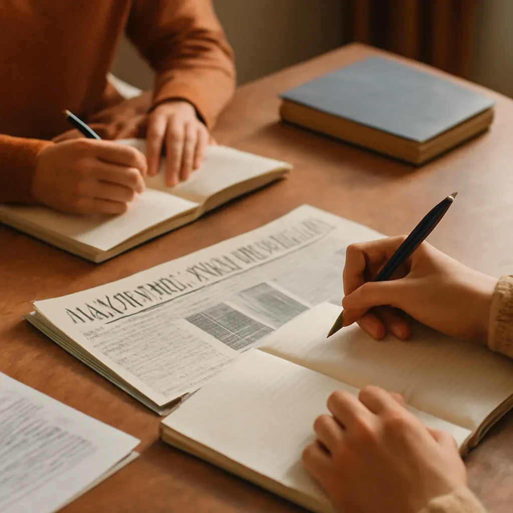 Closing call-to-action image for Solutions featuring readers, notebooks, and international affairs material