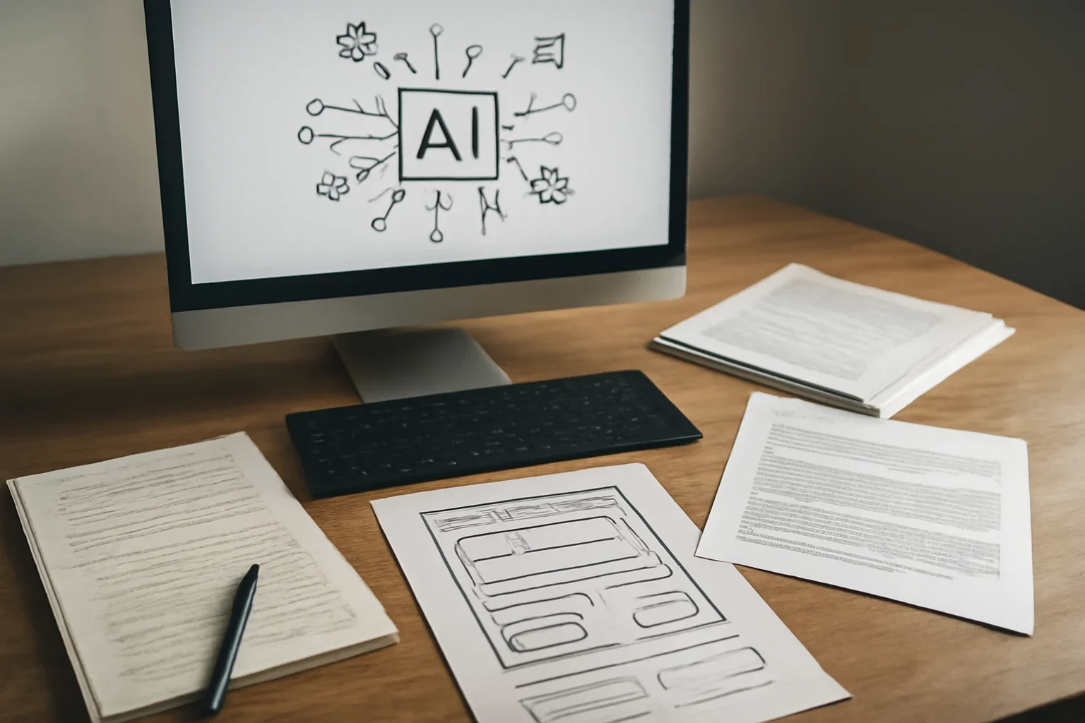 Editorial-style image for Solutions with AI research workstation with policy papers, interface mockups, and notebook annotations