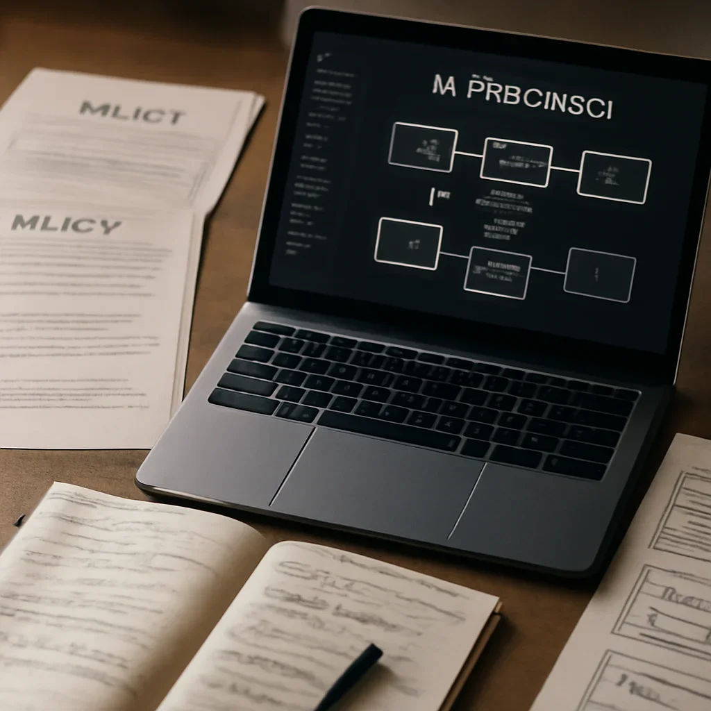 Supporting visual for Solutions showing AI research workstation with policy papers, interface mockups, and notebook annotations in a working editorial context