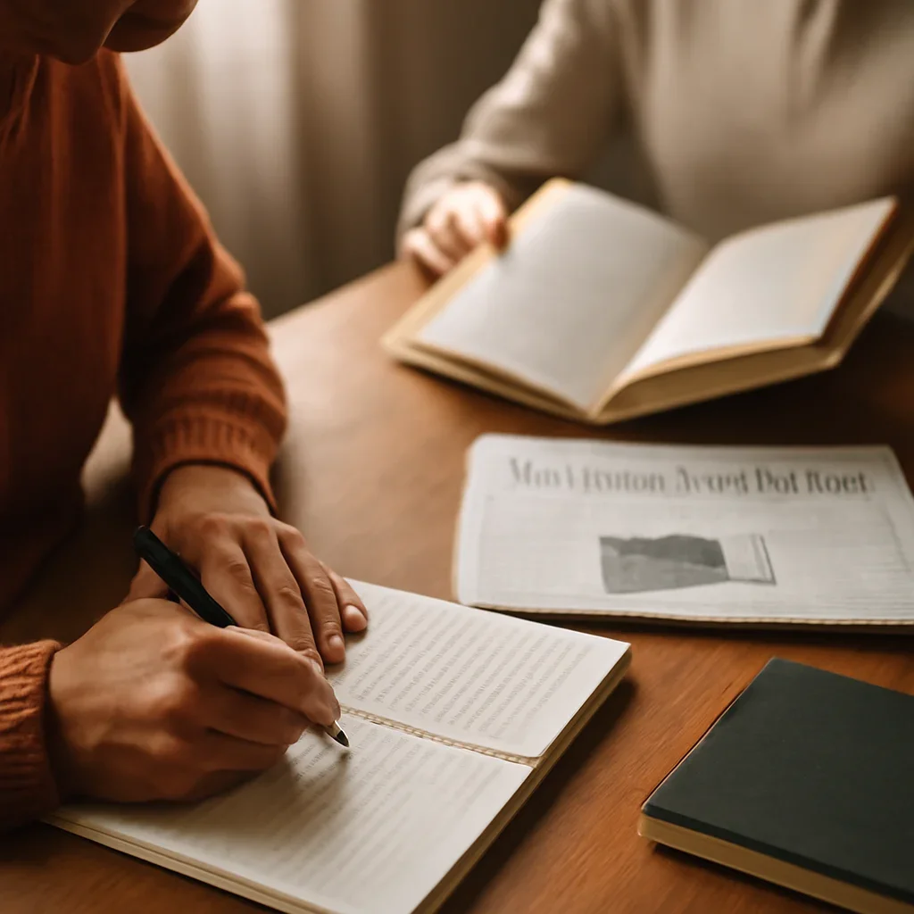 Closing call-to-action image for Student Writer Program featuring readers, notebooks, and international affairs material