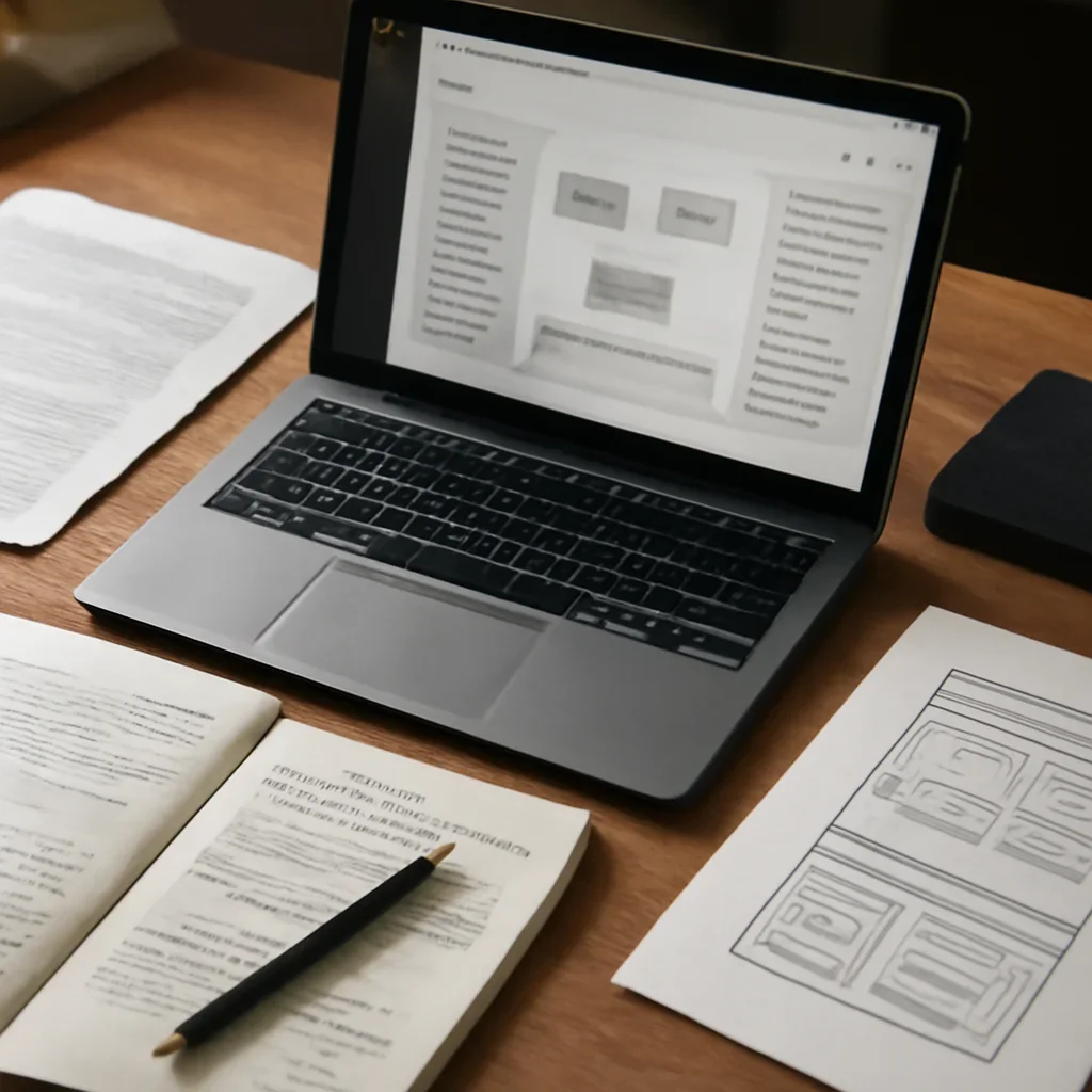 Supporting visual for Student Writer Program showing AI research workstation with policy papers, interface mockups, and notebook annotations in a working editorial context