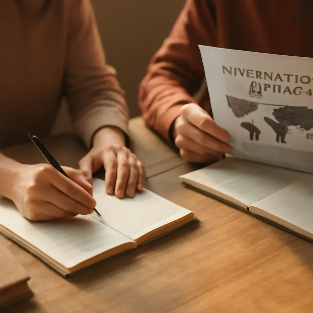 Closing call-to-action image for Submit an Article featuring readers, notebooks, and international affairs material