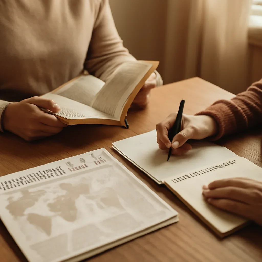 Closing call-to-action image for Support featuring readers, notebooks, and international affairs material