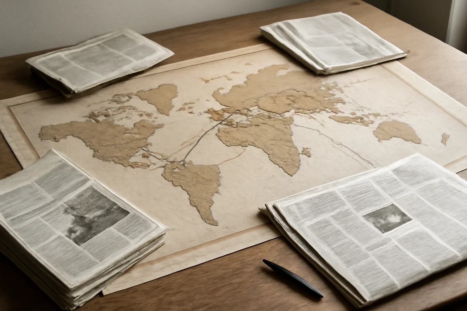 Editorial-style image for Support with editorial desk with a world map, newspapers, and route markings