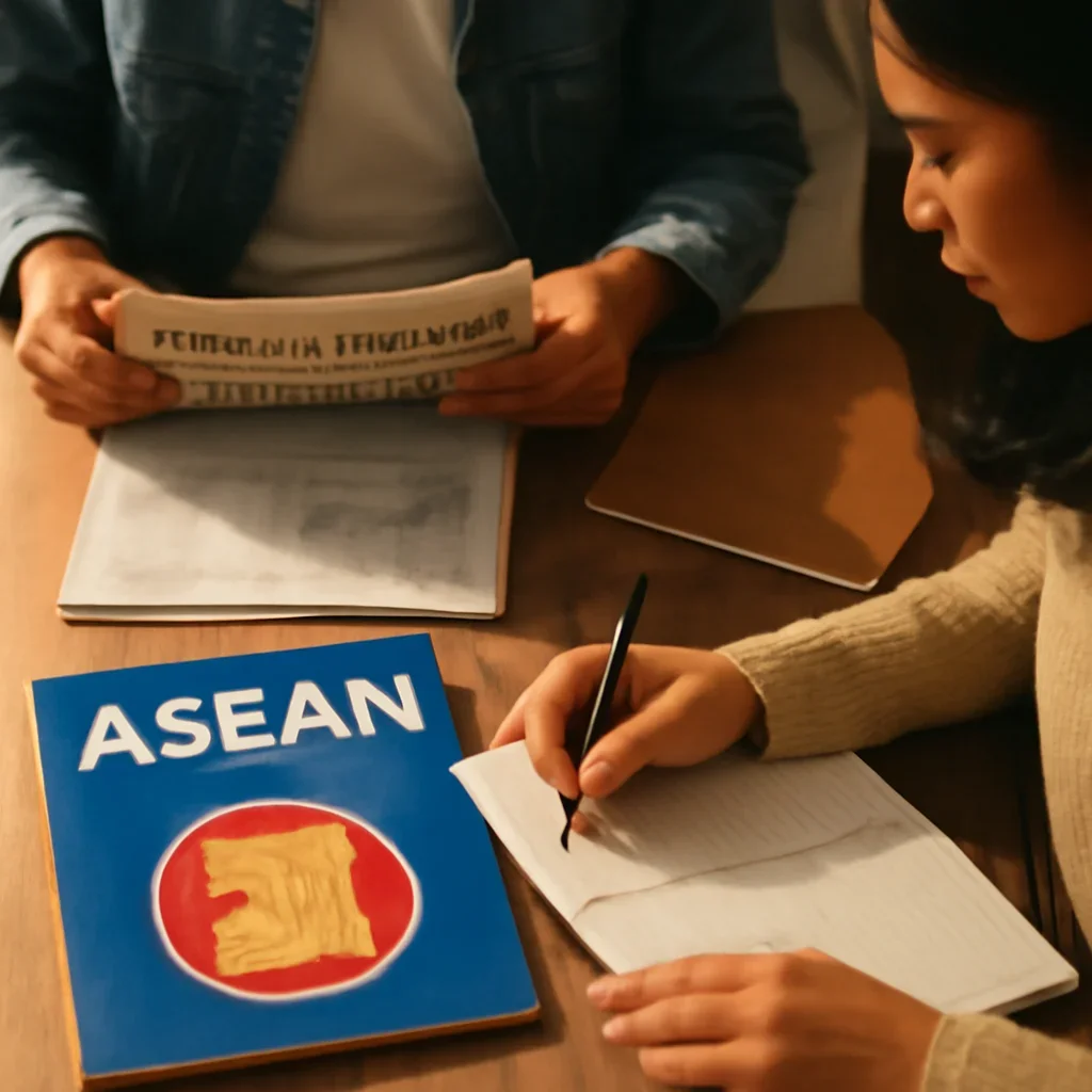 Closing call-to-action image for ASEAN featuring readers, notebooks, and international affairs material