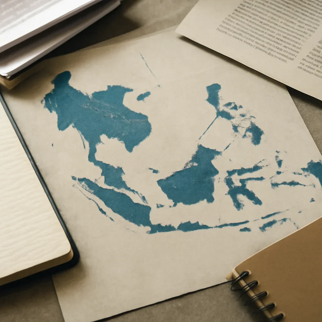 Supporting visual for ASEAN showing Southeast Asia regional map with notebooks and discussion papers in a working editorial context