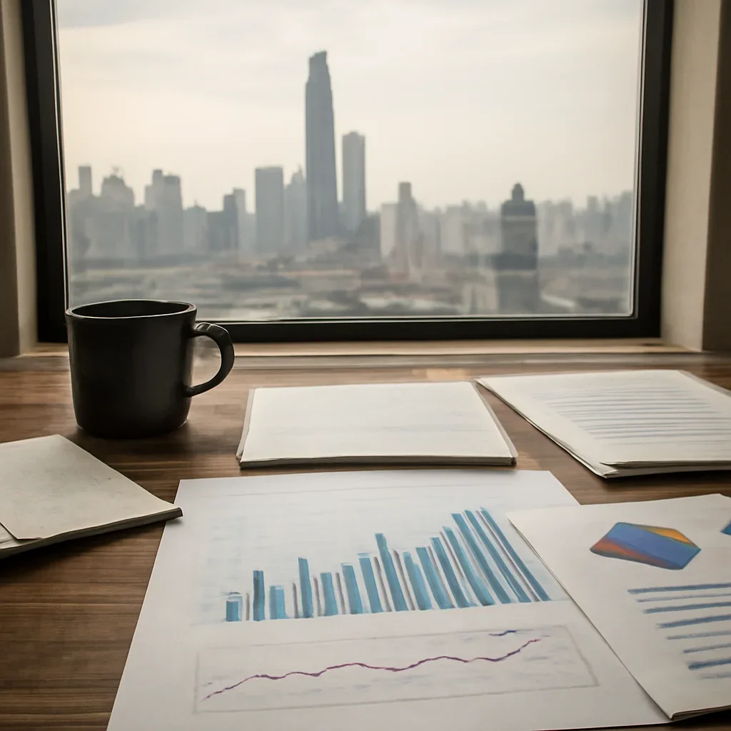 Supporting visual for China showing policy desk with Chinese city skyline reference, trade charts, and briefing notes in a working editorial context