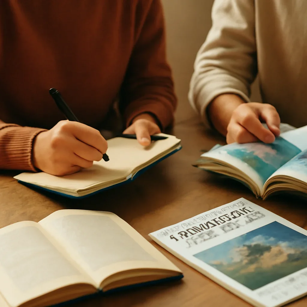 Closing call-to-action image for Climate Security featuring readers, notebooks, and international affairs material