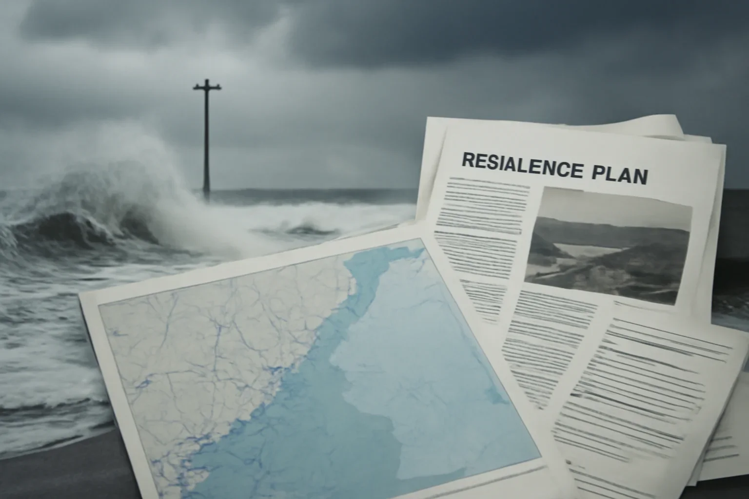 Editorial-style image for Climate Security with coastal storm scene blended with maps and resilience planning documents