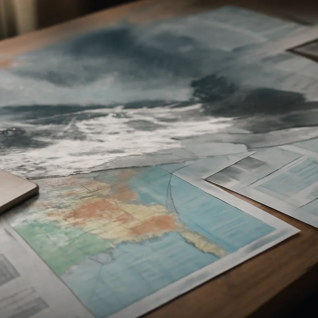 Supporting visual for Climate Security showing coastal storm scene blended with maps and resilience planning documents in a working editorial context