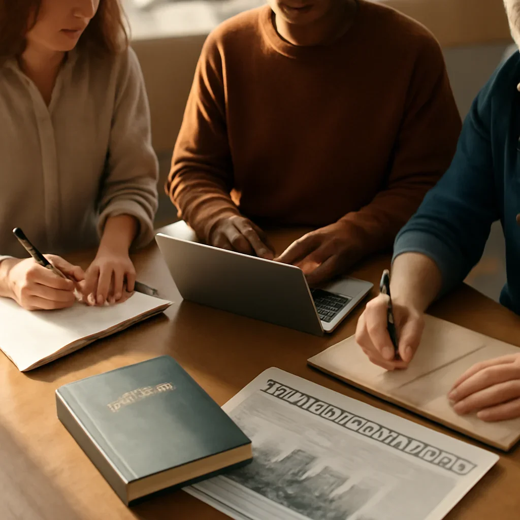 Closing call-to-action image for Cybersecurity featuring readers, notebooks, and international affairs material