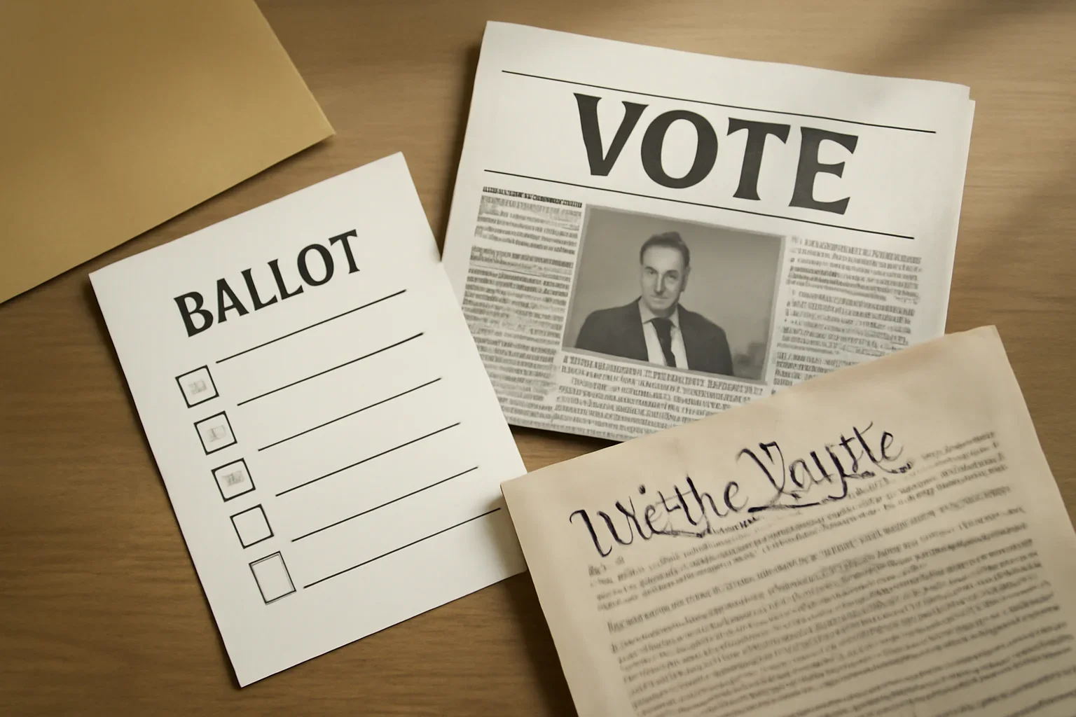 Editorial-style image for Elections & Democracy with ballot materials, campaign headlines, and constitutional documents on a desk