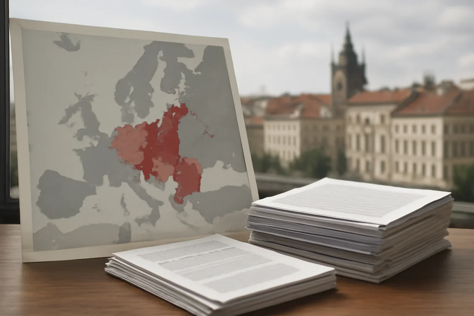 Editorial-style image for Europe with European city backdrop, policy papers, and annotated regional map
