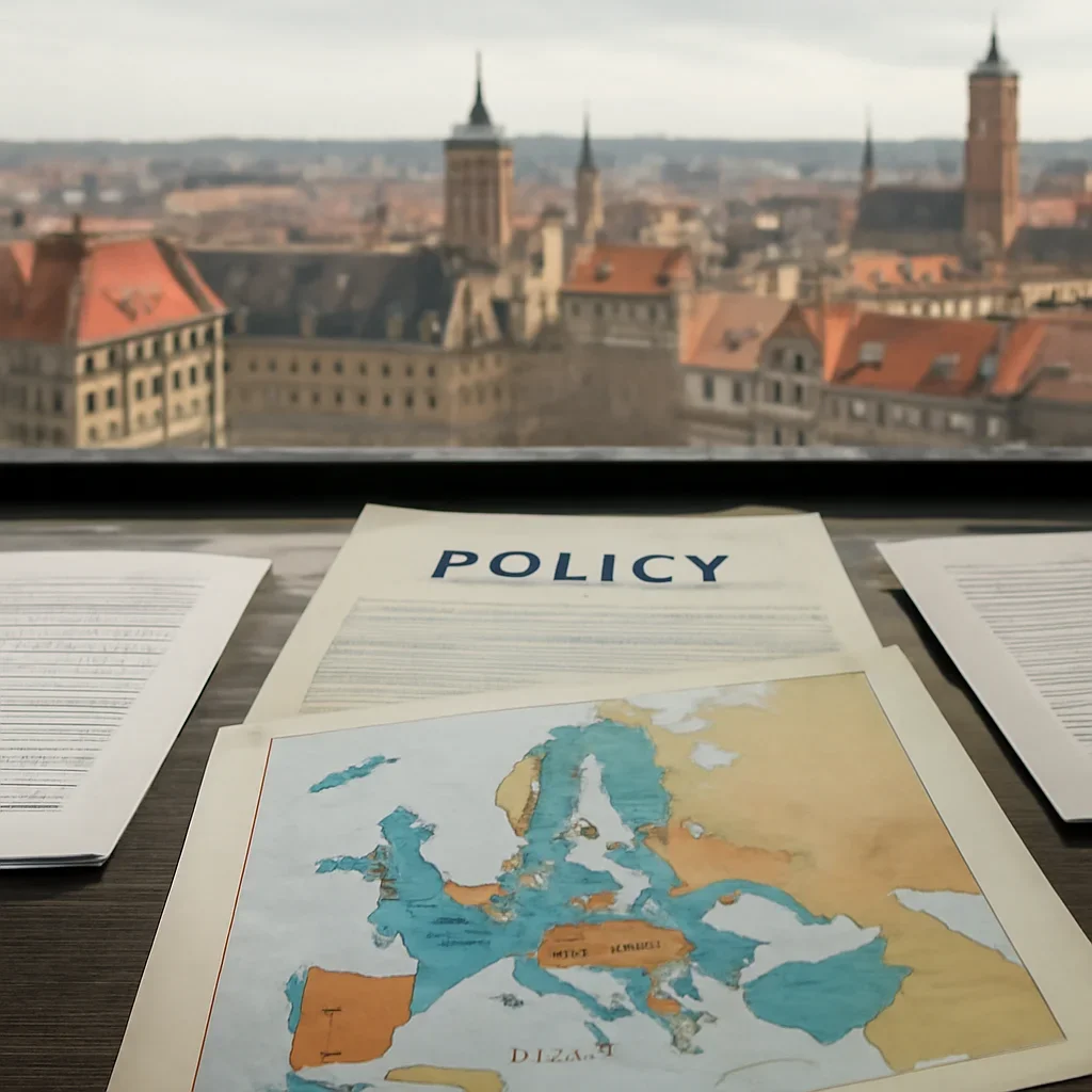 Supporting visual for Europe showing European city backdrop, policy papers, and annotated regional map in a working editorial context