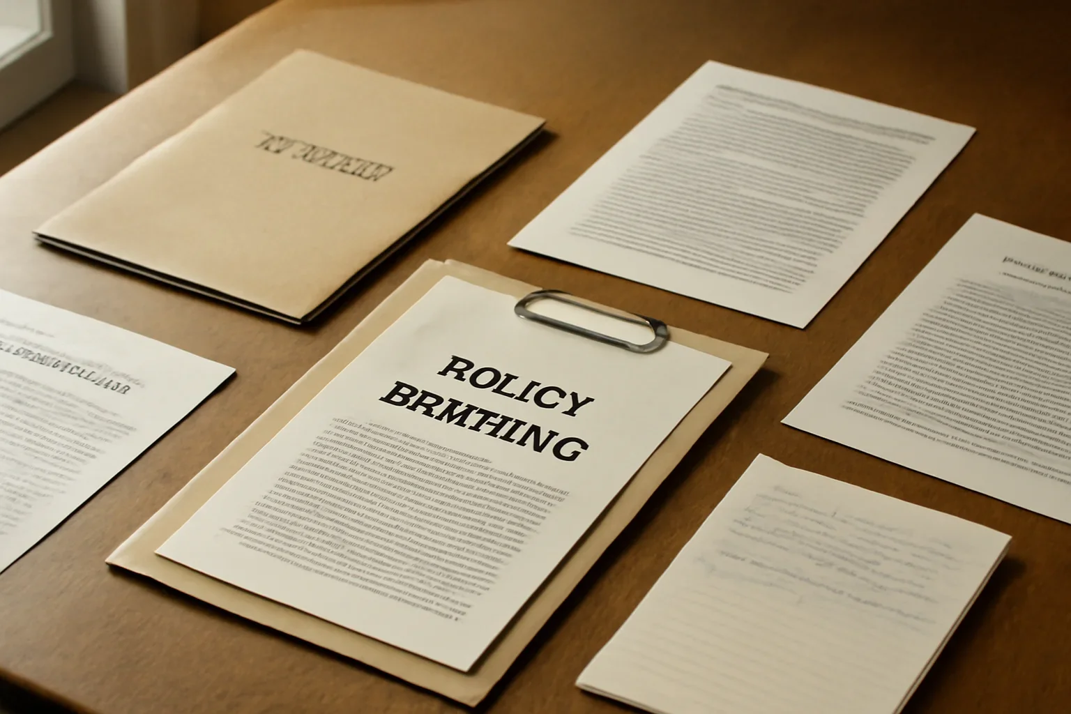 Editorial-style image for Foreign Policy Analysis with policy briefing table with folders, notes, and diplomatic briefing papers