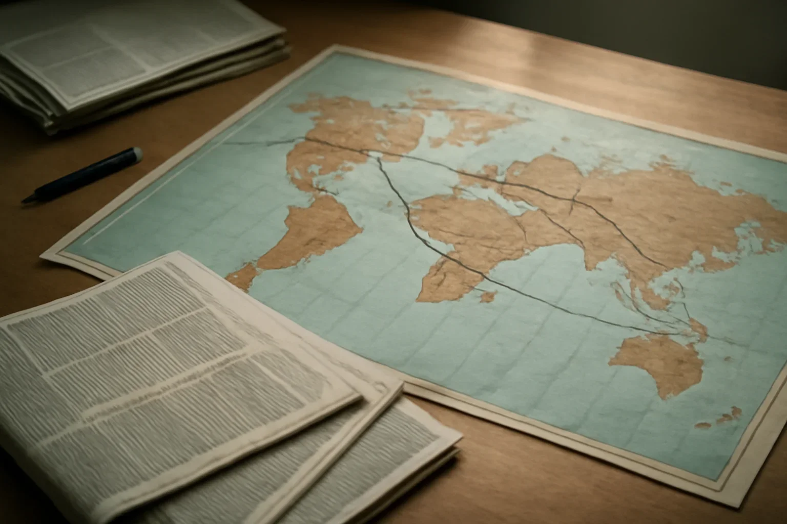 Editorial-style image for Geopolitics with editorial desk with a world map, newspapers, and route markings