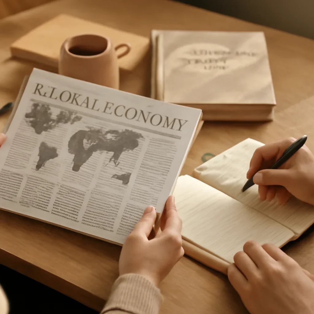 Closing call-to-action image for Global Economy featuring readers, notebooks, and international affairs material