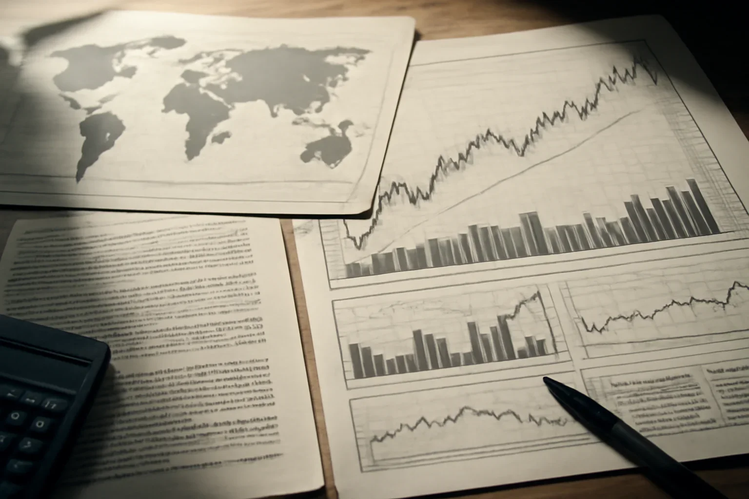 Editorial-style image for Global Economy with financial desk with market charts, trade maps, and policy notes