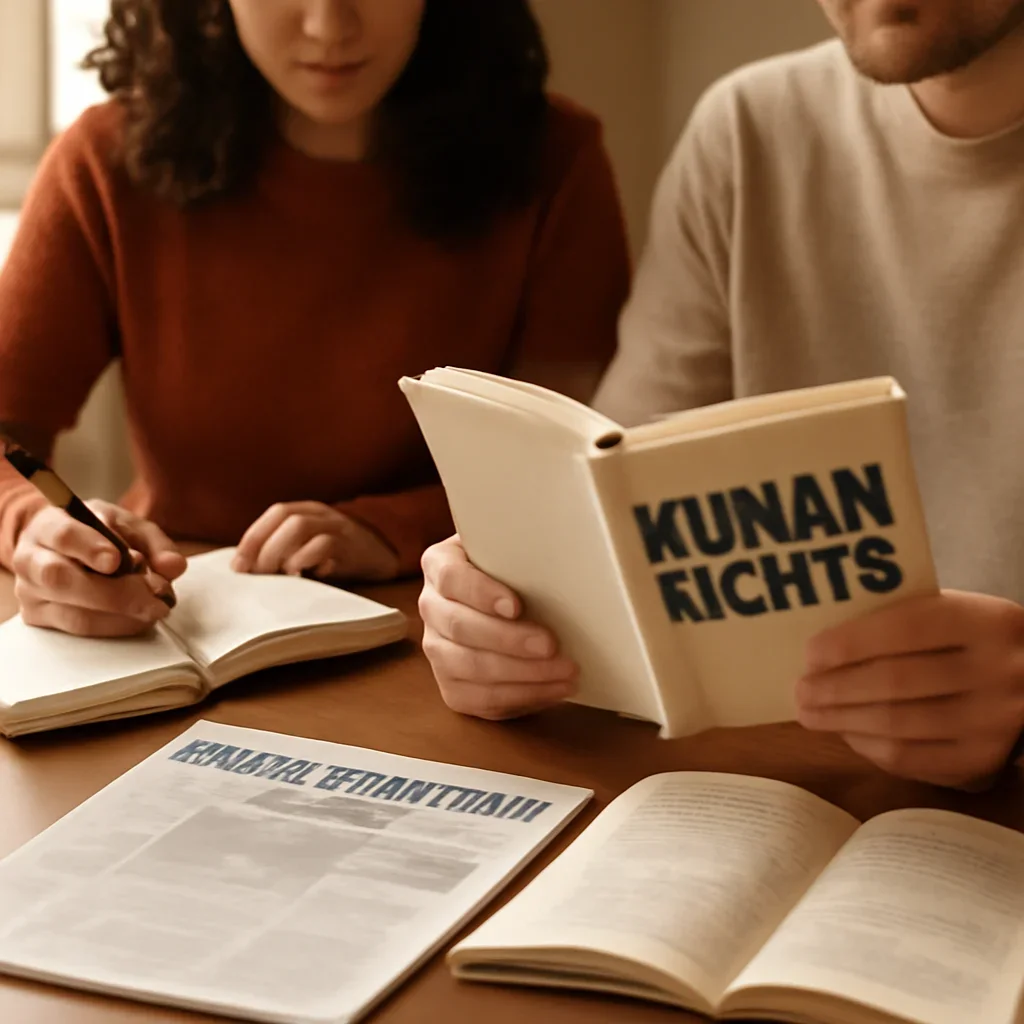 Closing call-to-action image for Human Rights featuring readers, notebooks, and international affairs material