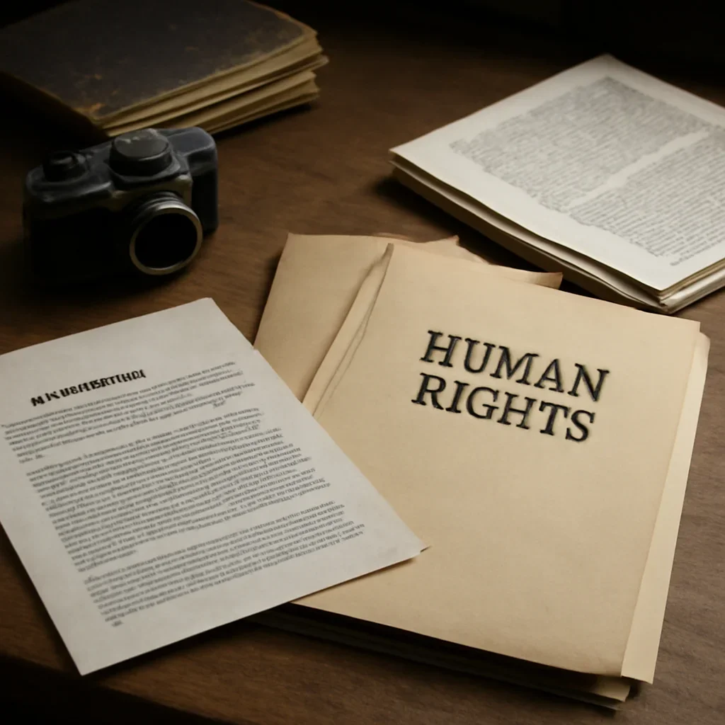 Supporting visual for Human Rights showing rights report desk with testimonies, legal folders, and documentary photography feel in a working editorial context