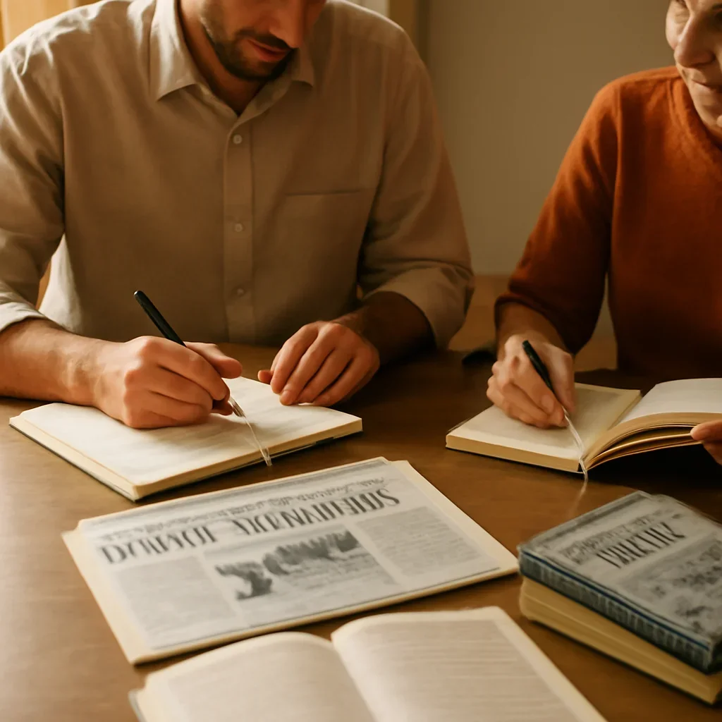 Closing call-to-action image for India featuring readers, notebooks, and international affairs material