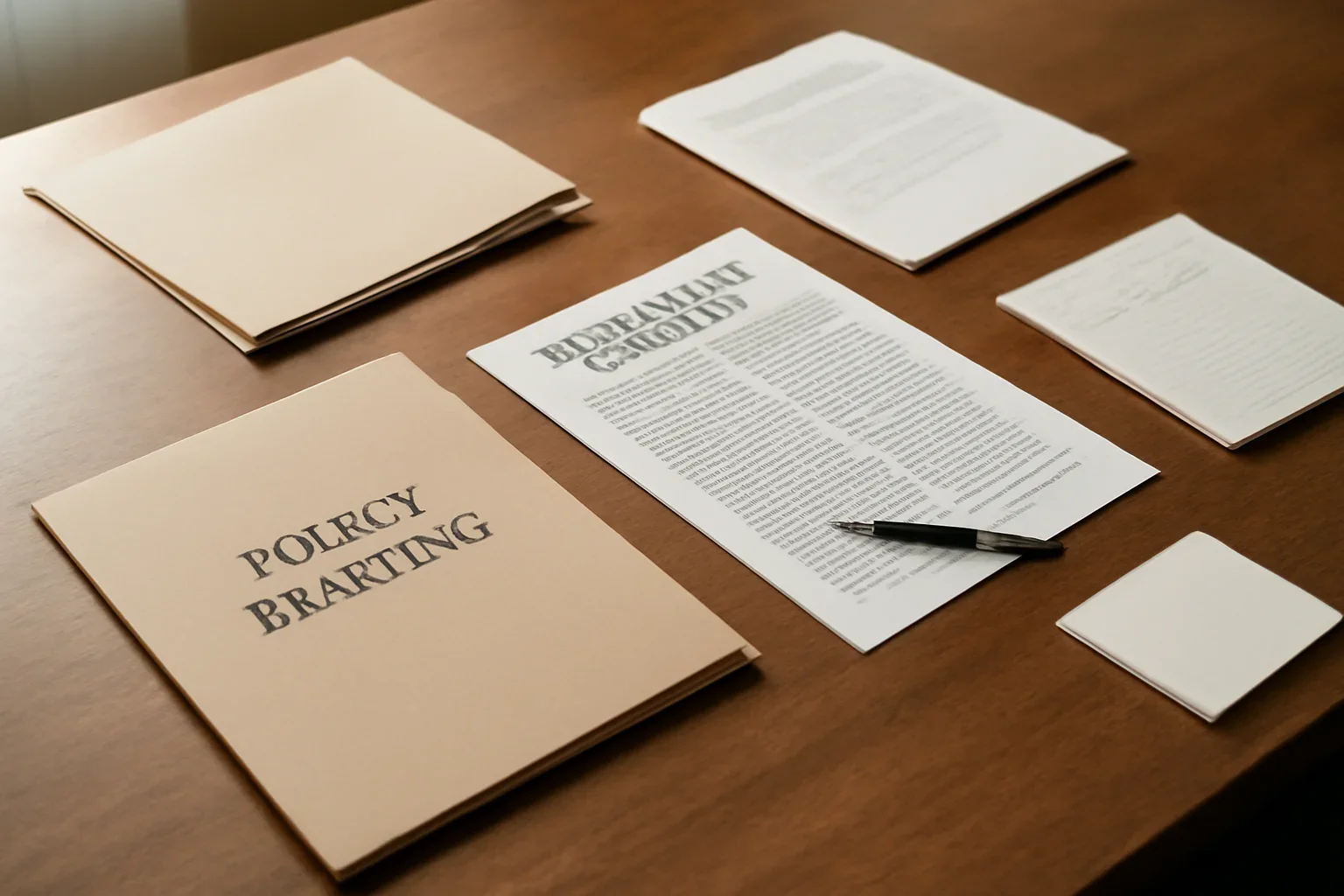 Editorial-style image for International Relations with policy briefing table with folders, notes, and diplomatic briefing papers