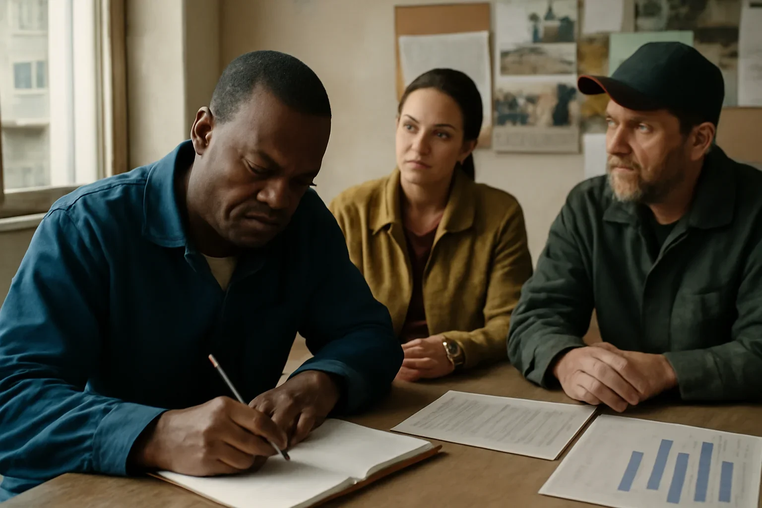 Editorial-style image for Labour & Society with worker-focused documentary scene with notebooks, wage charts, and community context