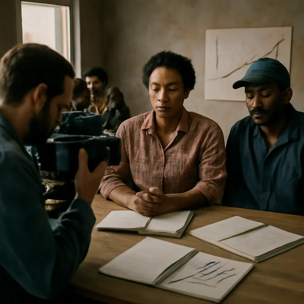 Supporting visual for Labour & Society showing worker-focused documentary scene with notebooks, wage charts, and community context in a working editorial context