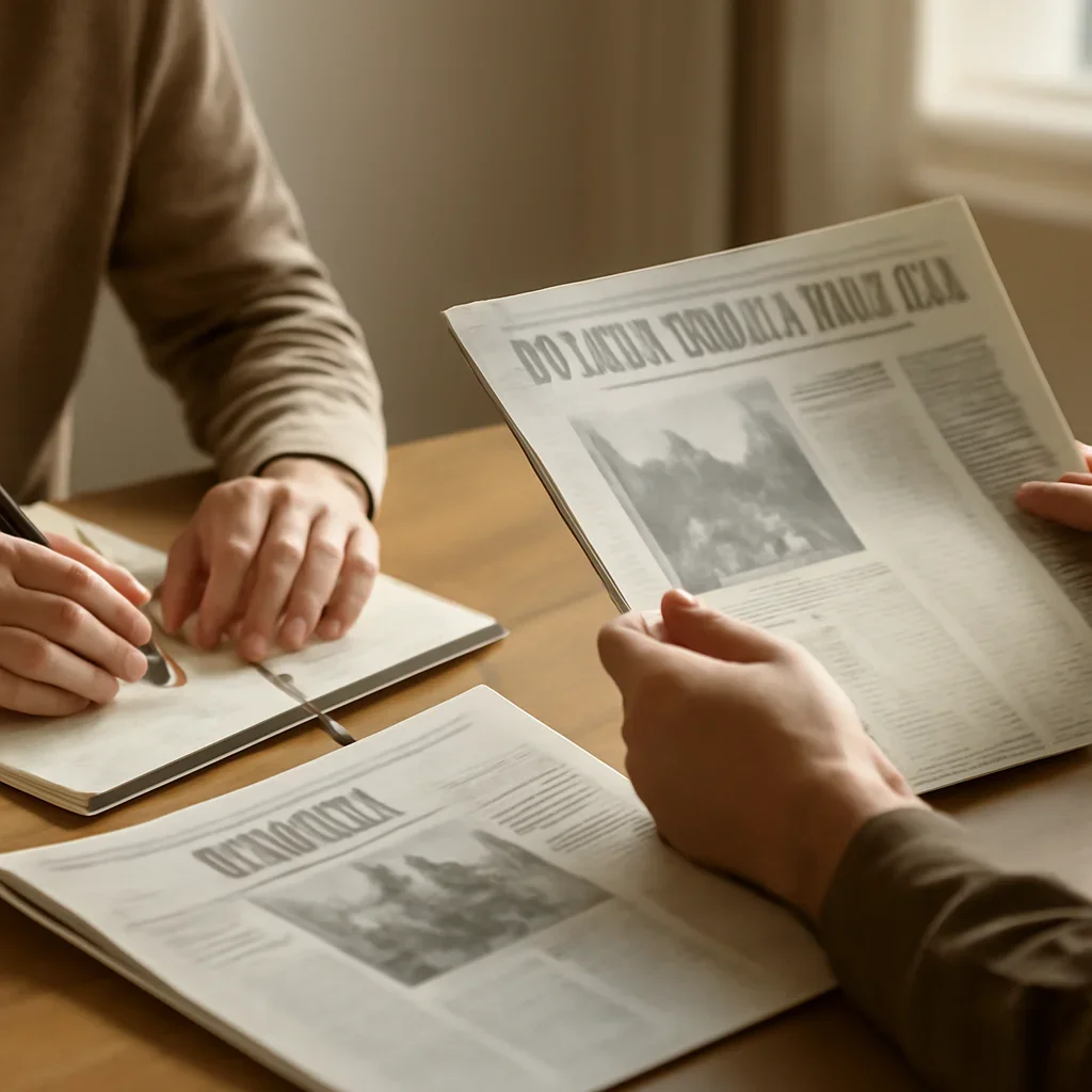 Closing call-to-action image for Media & Disinformation featuring readers, notebooks, and international affairs material