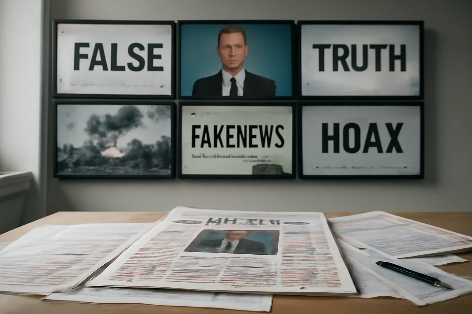 Editorial-style image for Media & Disinformation with newsroom monitor wall with contrasting headlines and marked-up print pages