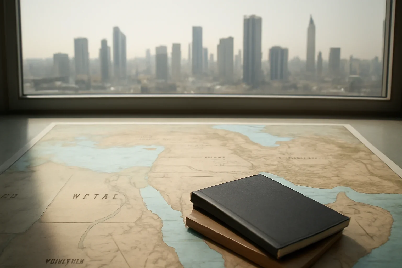Editorial-style image for Middle East with regional map, notebooks, and urban skyline under documentary light