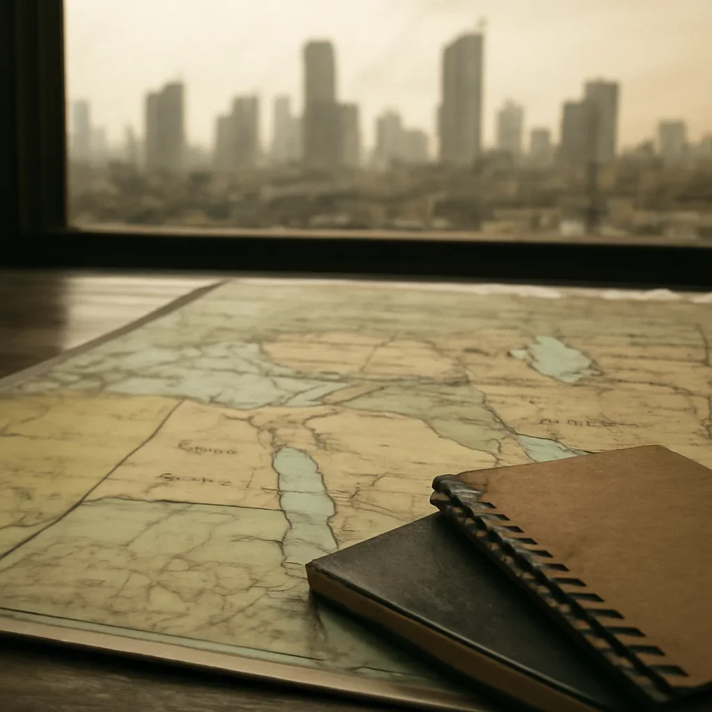 Supporting visual for Middle East showing regional map, notebooks, and urban skyline under documentary light in a working editorial context