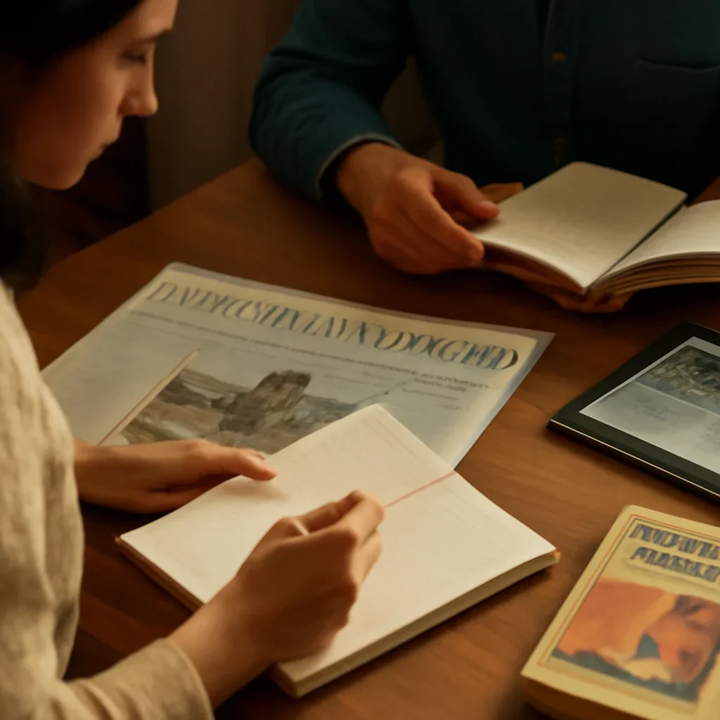 Closing call-to-action image for Pop Culture & Politics featuring readers, notebooks, and international affairs material