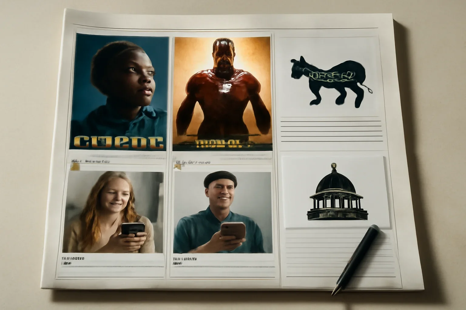 Editorial-style image for Pop Culture & Politics with cinema posters, social feeds, and political notes in an editorial layout