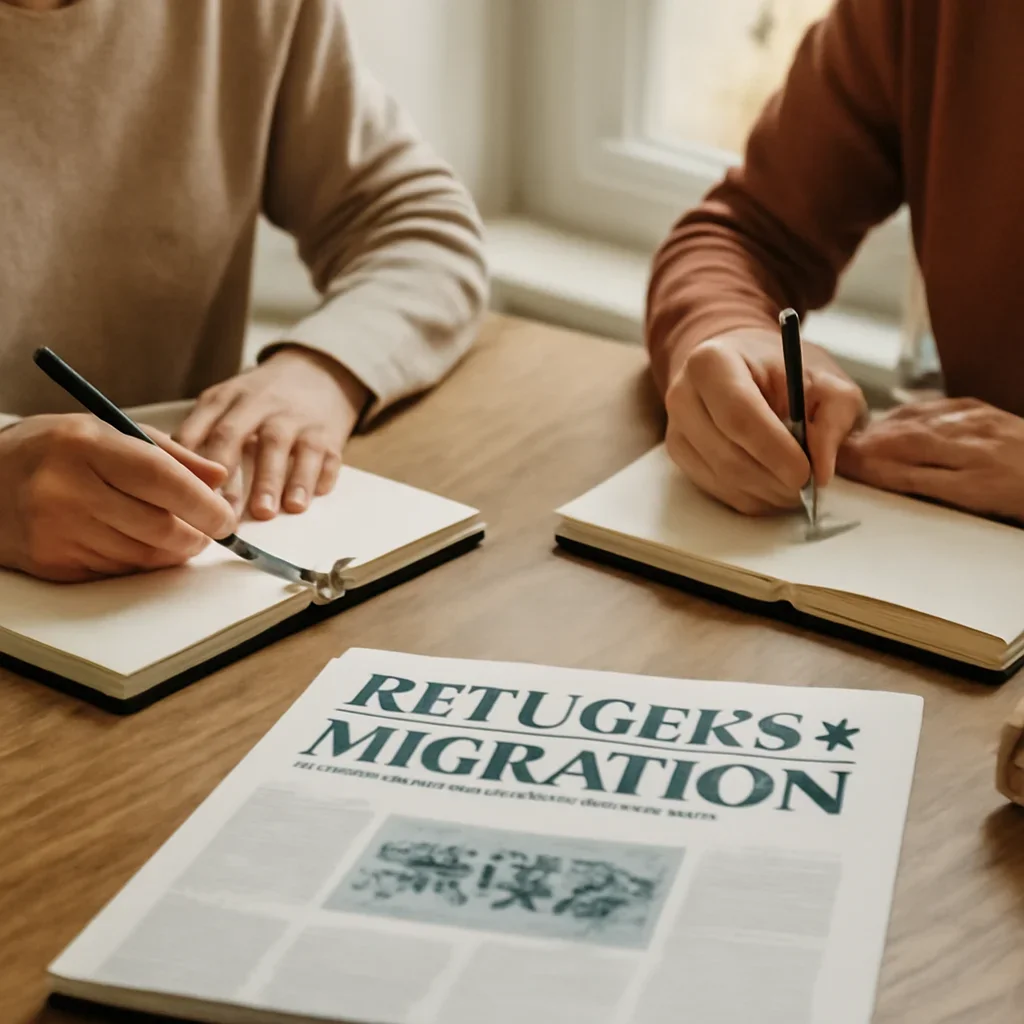 Closing call-to-action image for Refugees & Migration featuring readers, notebooks, and international affairs material