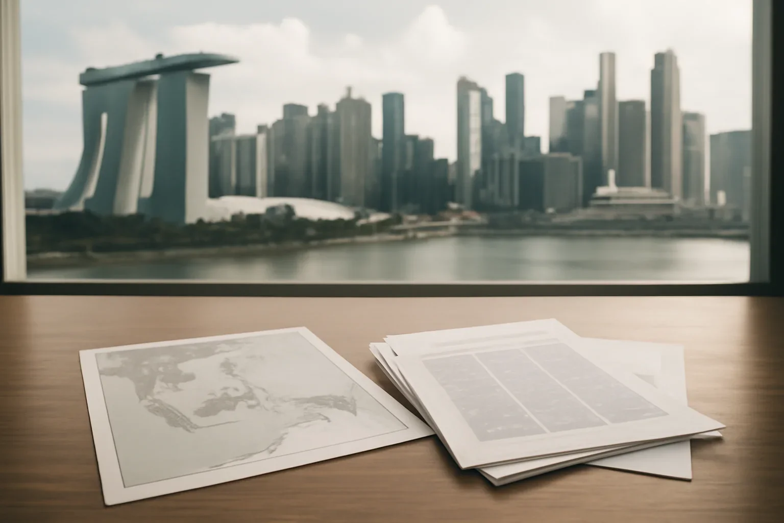 Editorial-style image for Singapore Foreign Policy with Singapore skyline with briefing notes and regional maps on a desk