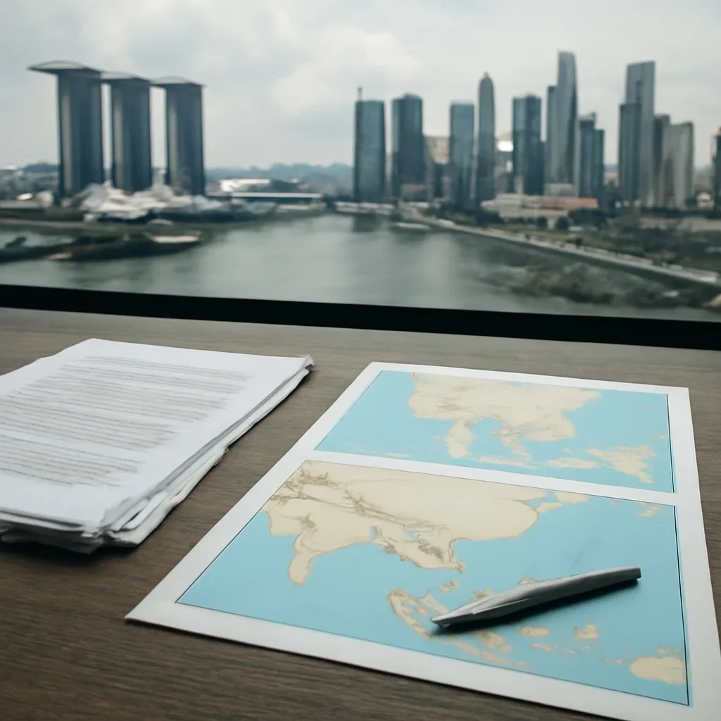 Supporting visual for Singapore Foreign Policy showing Singapore skyline with briefing notes and regional maps on a desk in a working editorial context