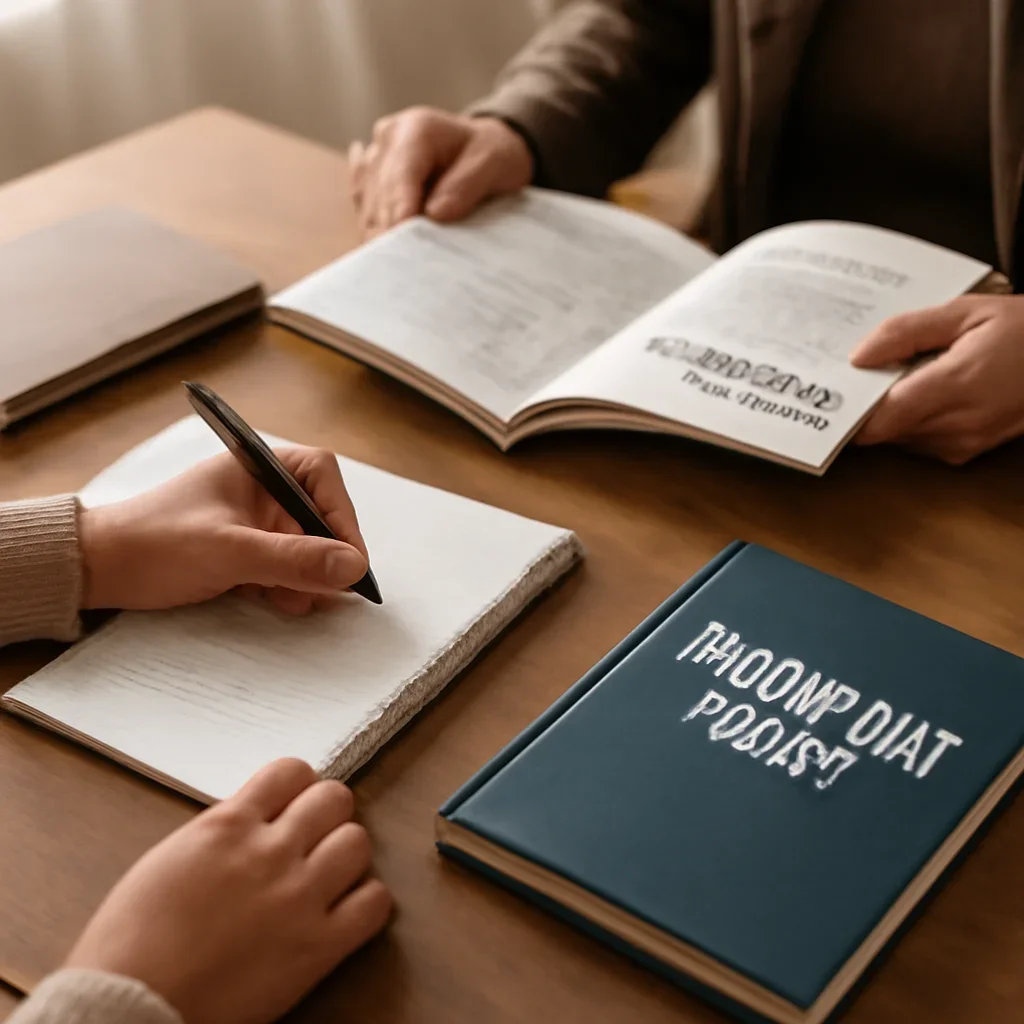 Closing call-to-action image for Technology Policy featuring readers, notebooks, and international affairs material