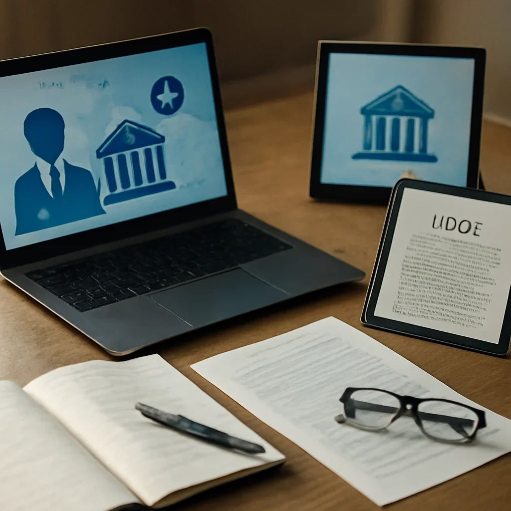 Supporting visual for Technology Policy showing digital policy workspace with screens, legal notes, and civic technology imagery in a working editorial context