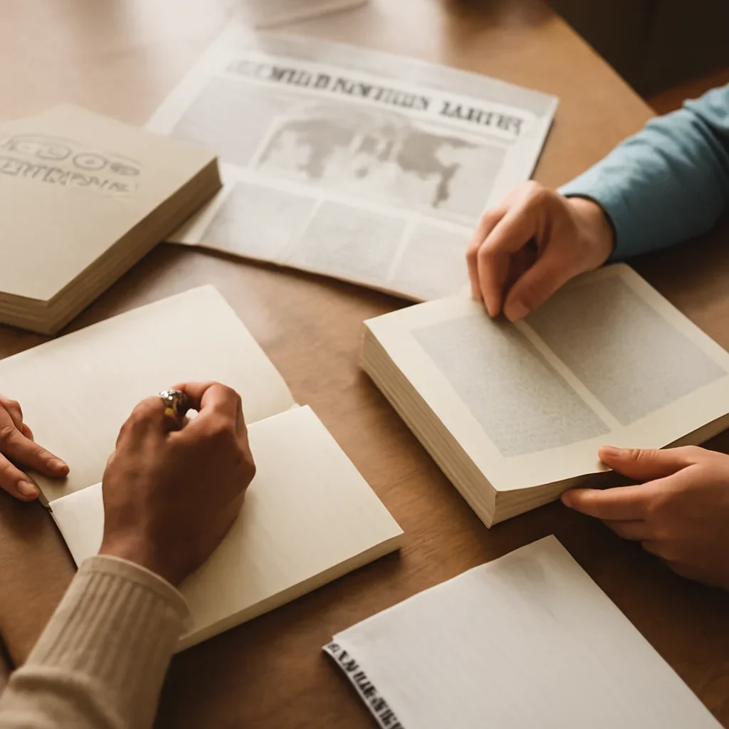 Closing call-to-action image for Trade & Industrial Policy featuring readers, notebooks, and international affairs material