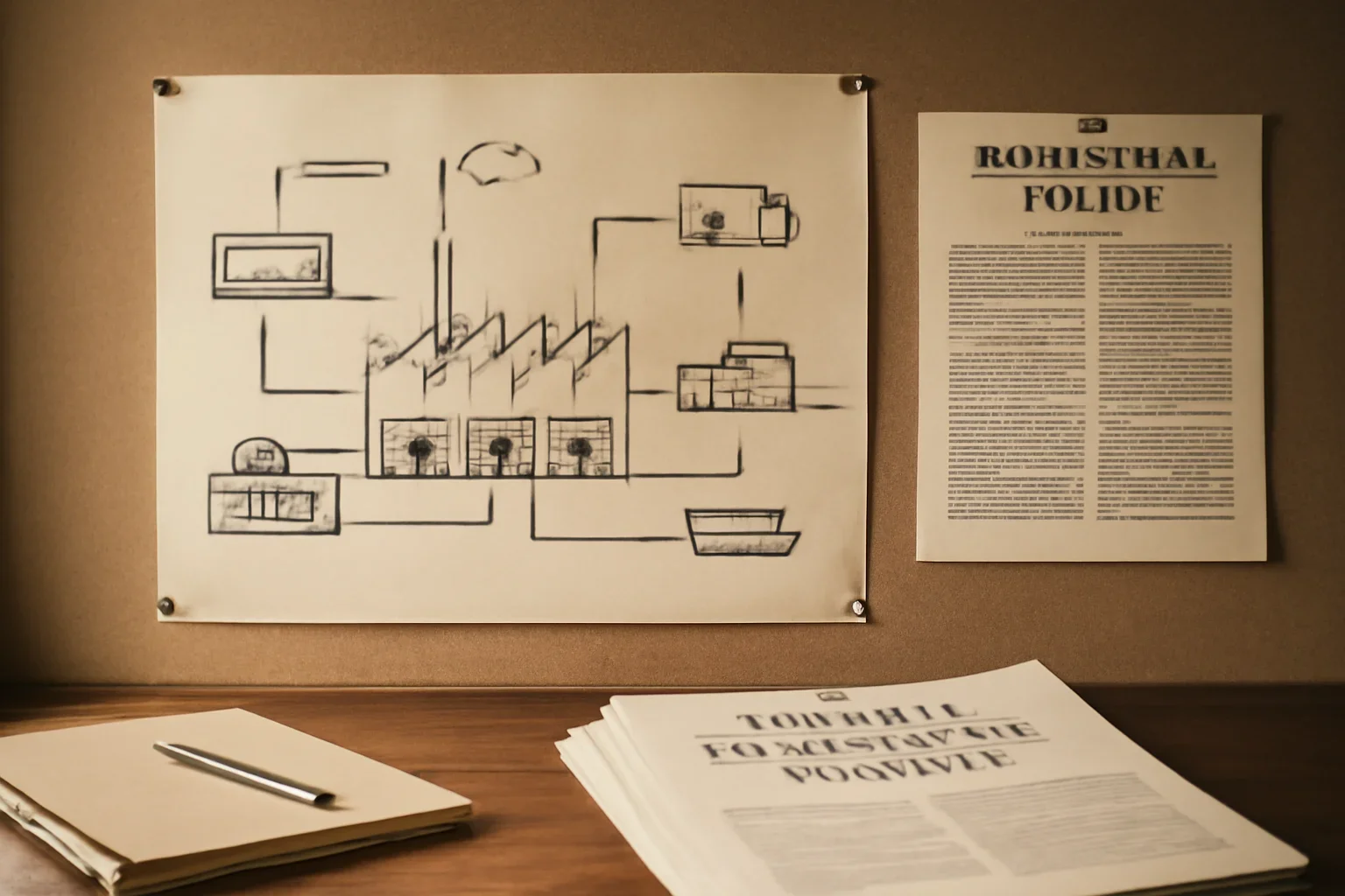 Editorial-style image for Trade & Industrial Policy with factory planning board with supply chain diagrams and industrial policy papers