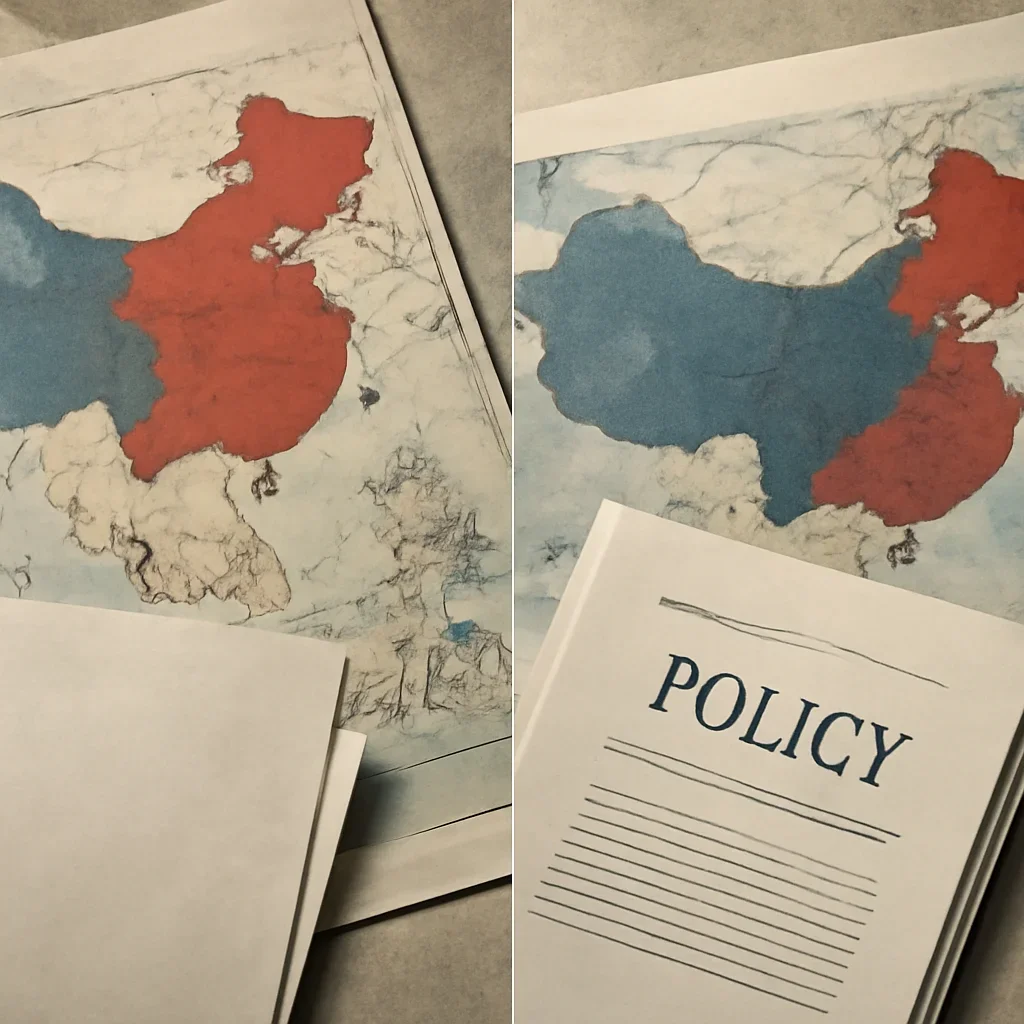 Supporting visual for US-China Relations showing split-screen trade and security visual with maps, shipping lanes, and policy papers in a working editorial context