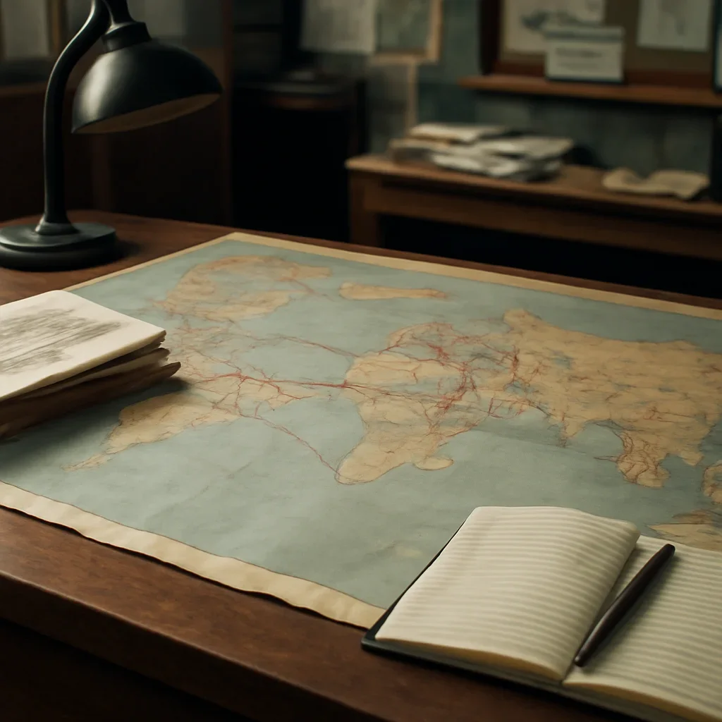 Supporting visual for Write for Us showing editorial desk with a world map, newspapers, and route markings in a working editorial context